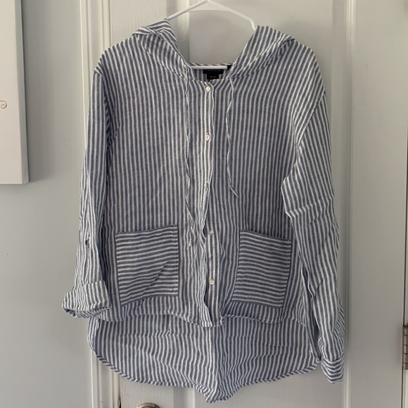 Tahari Blue Stripe Button Front Linen Shirt Hooded M nautical Lagenlook beach - Picture 9 of 10